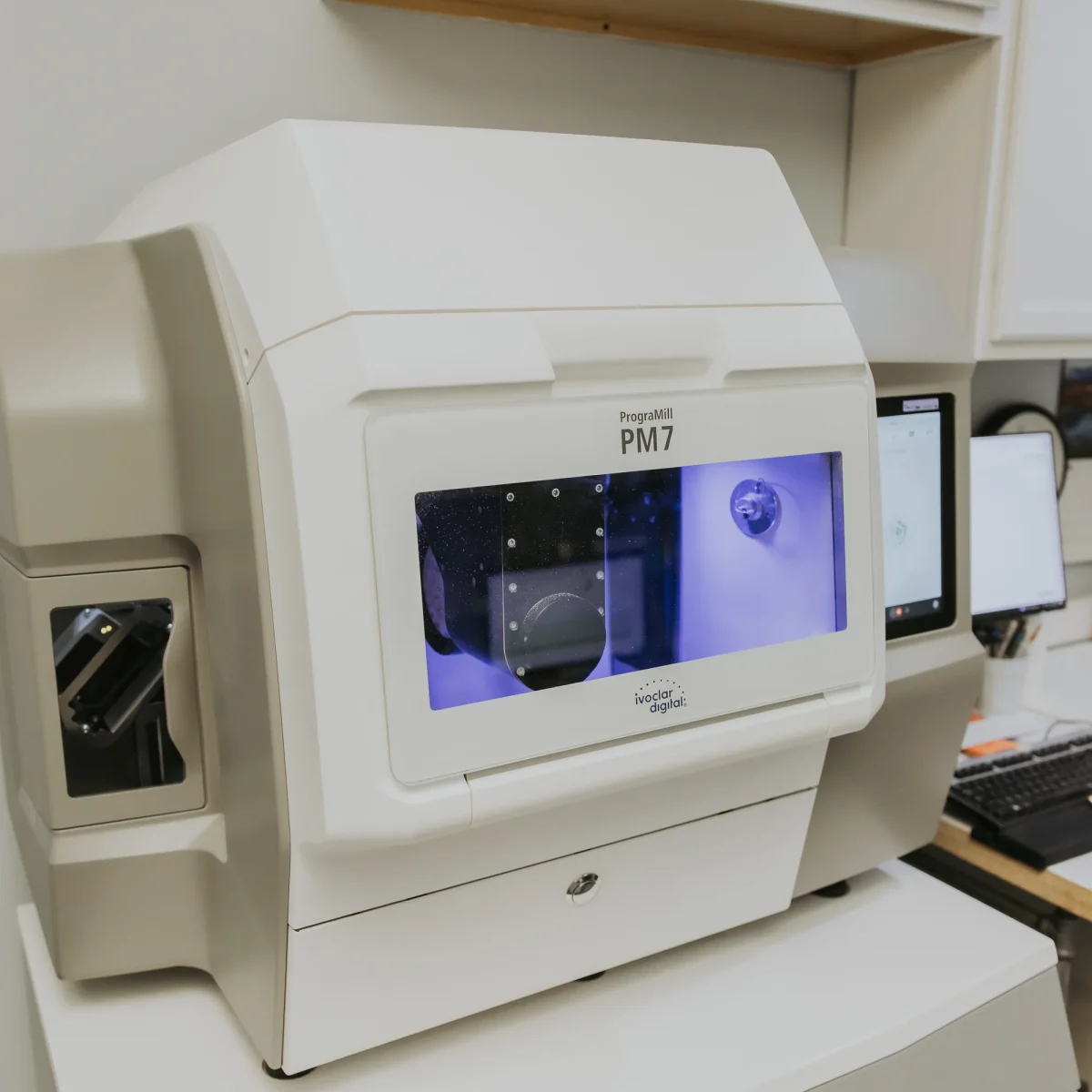 An Ivoclar PrograMill PM7 milling a case in the IDA digital department