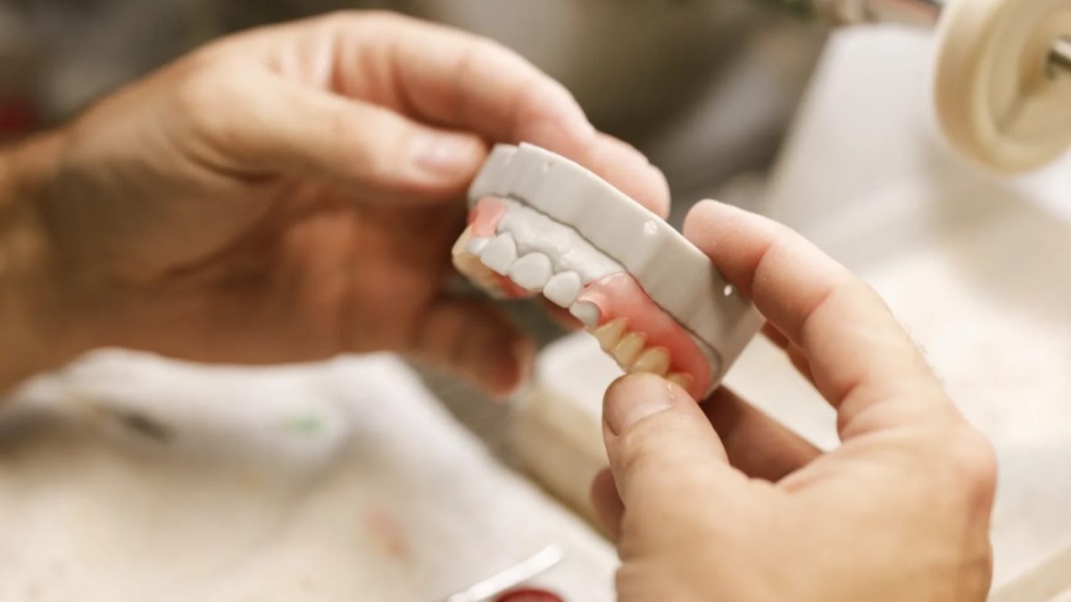 IDA technician holding an acrylic partial denture on its model at the bench
