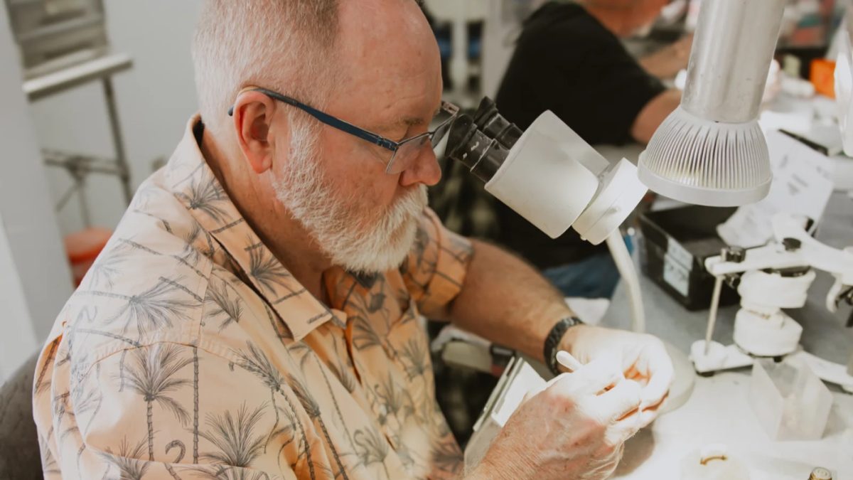 IDA technician working a case under the microscope